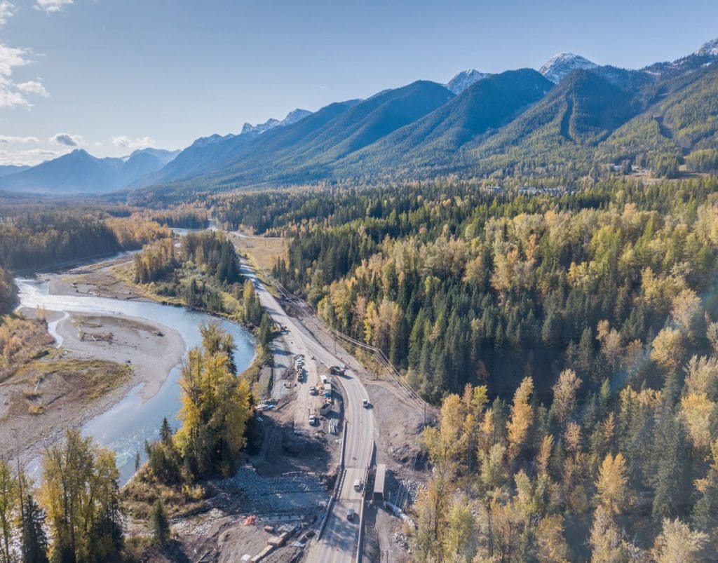 Aerial view of wildlife crossing on BC's Hwy 3 at Lizard Creek