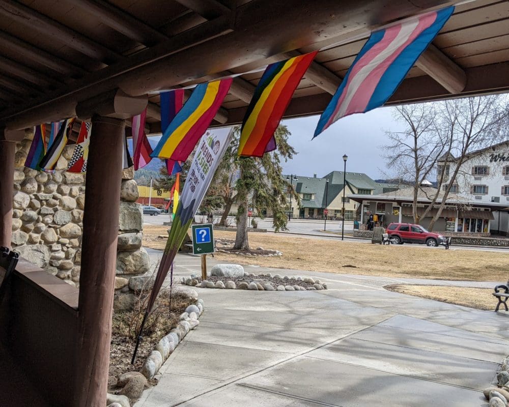 Rainbow flags line the main street in Jasper townsite