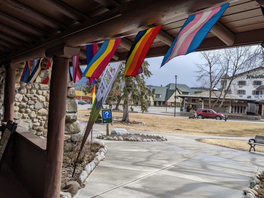 Rainbow flags line the main street in Jasper townsite