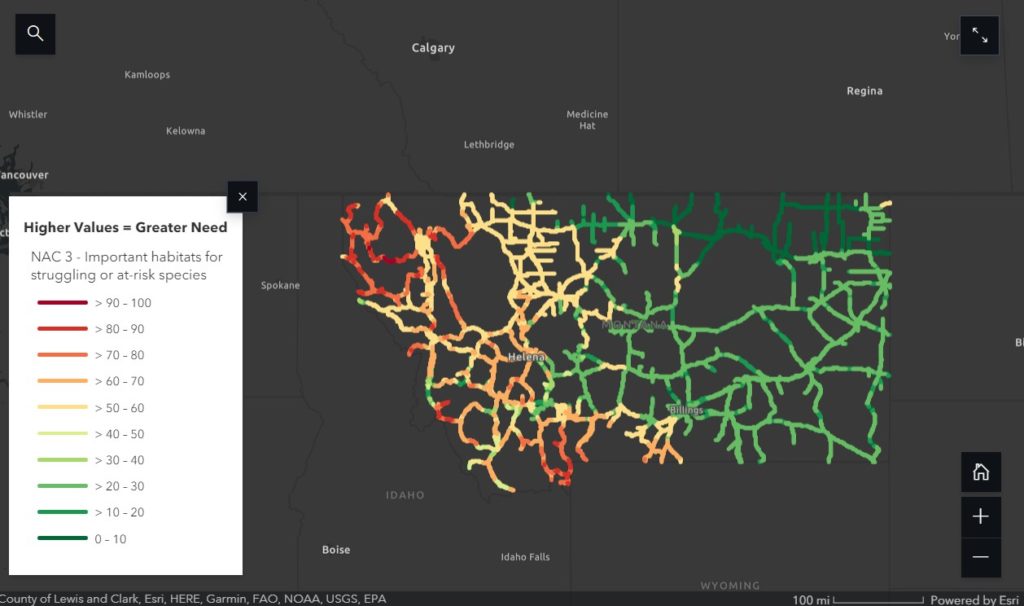 A map of highways in Montana showing where important habitats for struggling or at-risk species and roads intersect. Areas of highest need are in shades of orange and red, less need are in green and yellow. 