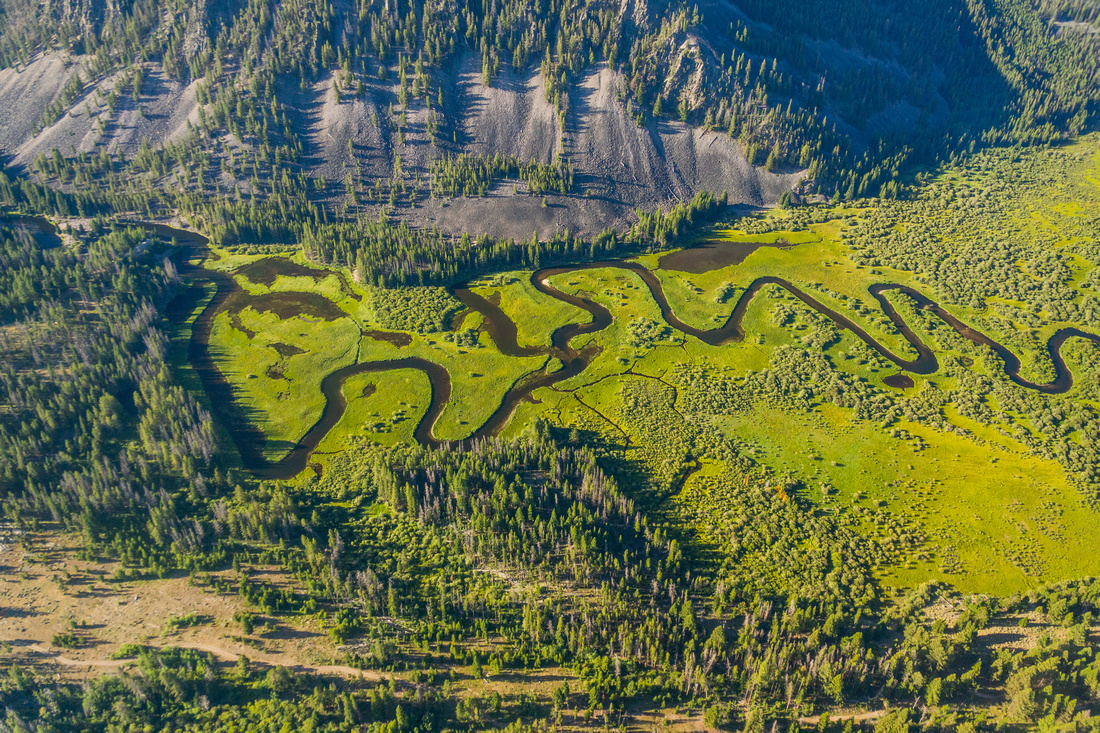 An aerial photo of a green landscape with a snaking river through it