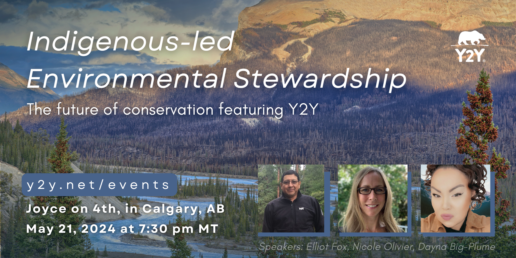 A river and mountain landscape image with the event information about Indigenous-led Environmental Stewardship happening on May 21 in Calgary, Alberta