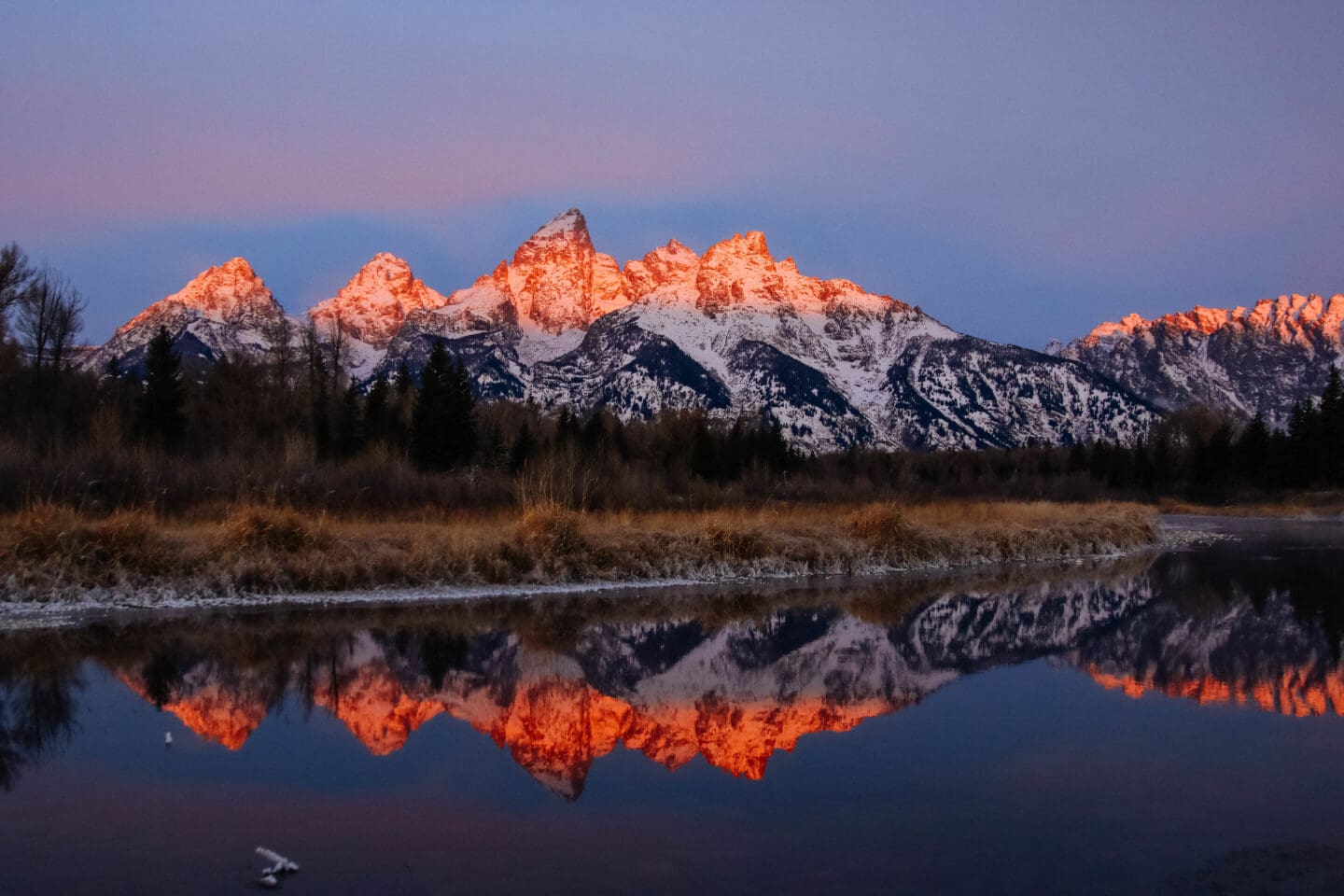 Mountains reflecting off the Snake River in Wyoming