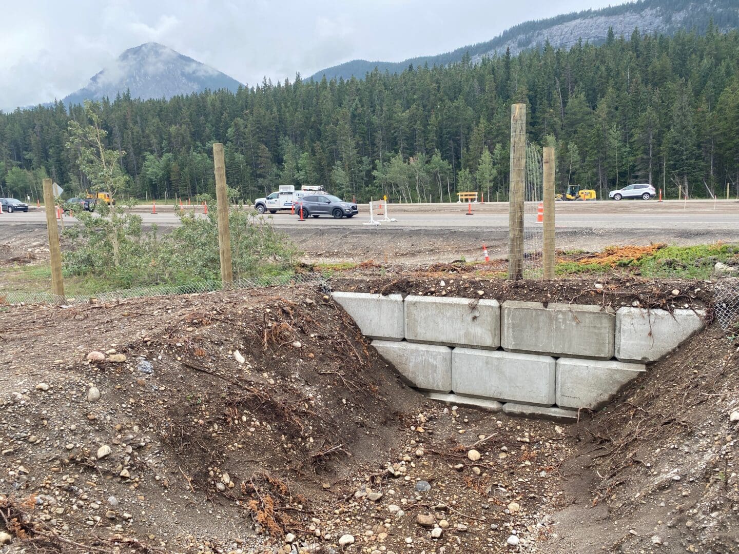 Photo of fence footing during construction of the Bow Valley Gap wildlife overpass on Highway 1 near Canmore, Alberta