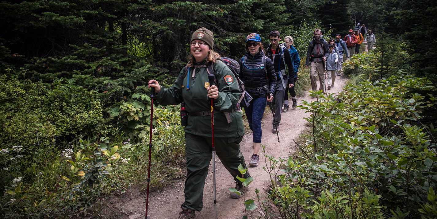 Park ranger leading hikers through a forest walk in Montana