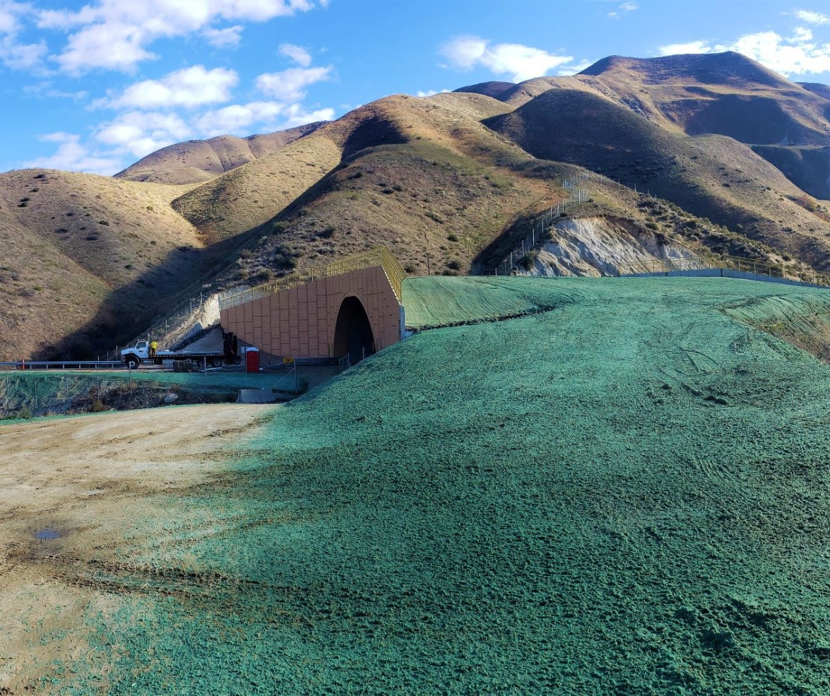 A wildlife overpass in Idaho with fresh grass seed on it