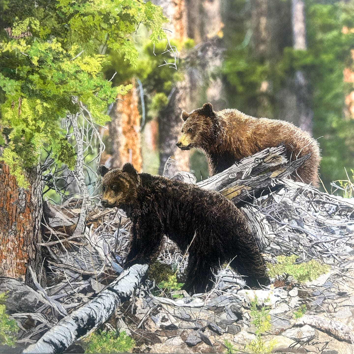 A grizzly bear textile art piece by Alison King
