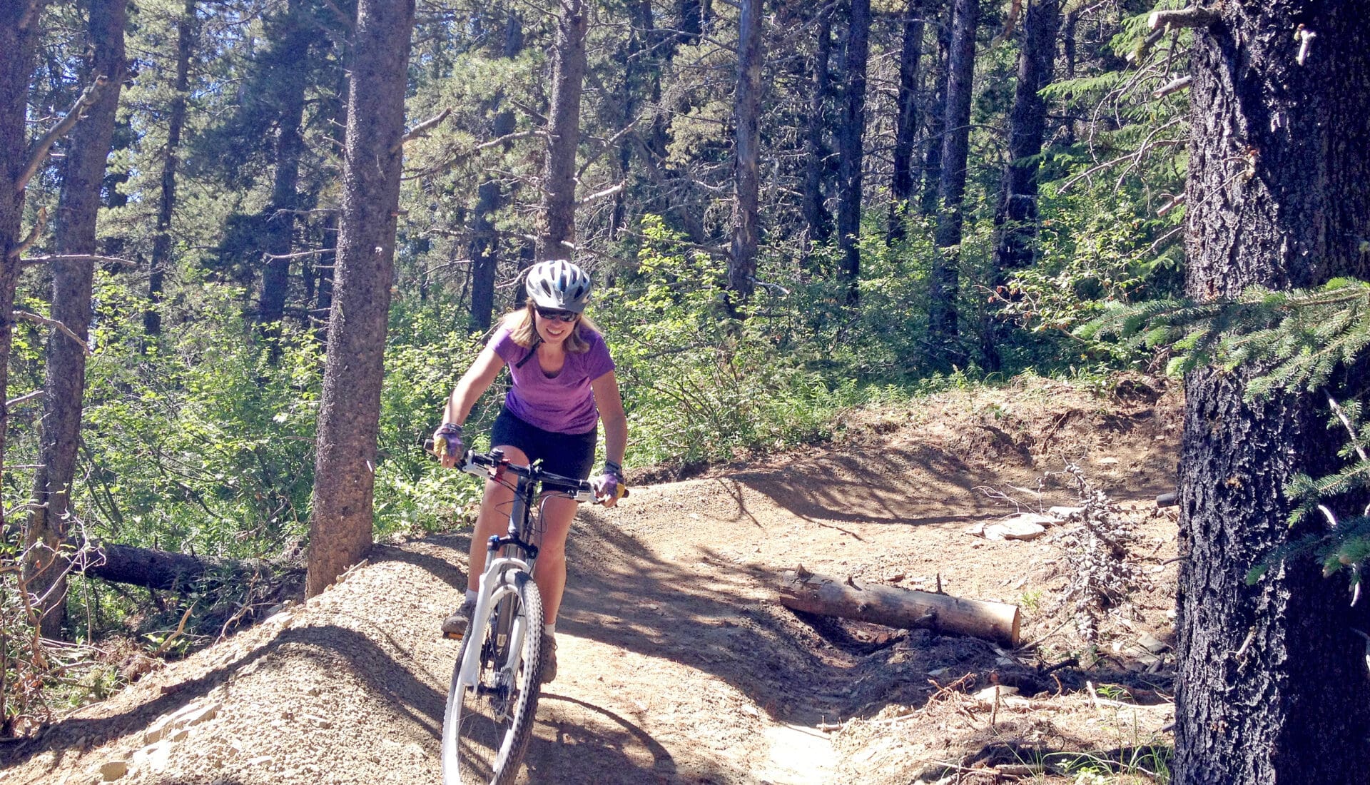 A person rides a mountain bike on a dirt trail through pine trees