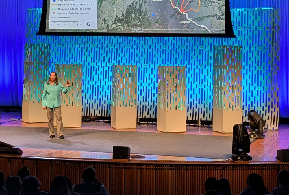 Dr. Jodi Hilty stands onstage at the TEDxBoston talk, with a map illustrating attempted wildlife crossings of a highway behind her. She is talking to the crowd.