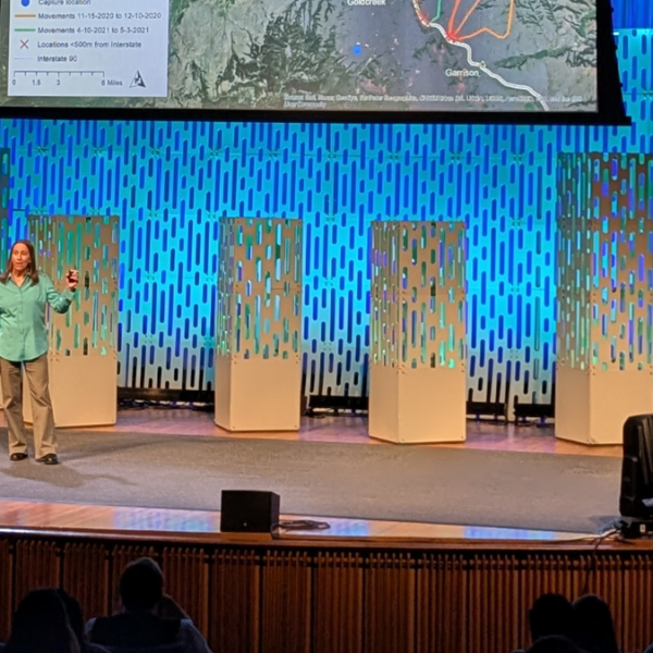 Dr. Jodi Hilty stands onstage at the TEDxBoston talk, with a map illustrating attempted wildlife crossings of a highway behind her. She is talking to the crowd.