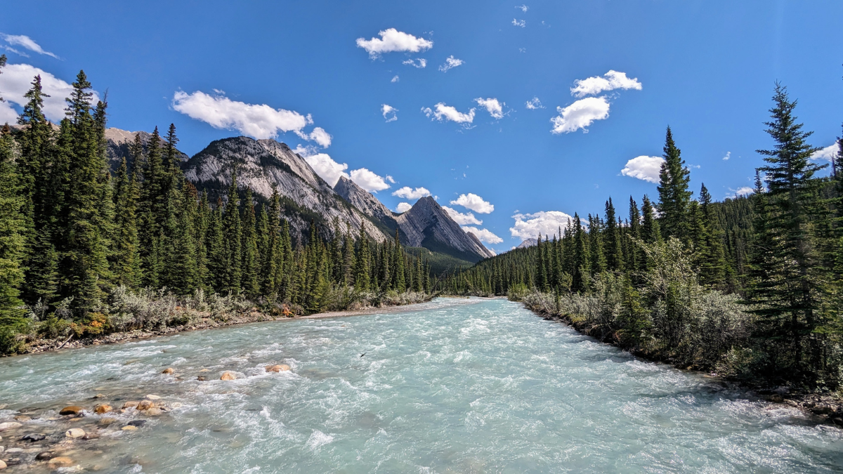 A blue river runs through a forested valley. In the background, tall mountains rise from the valley floor.