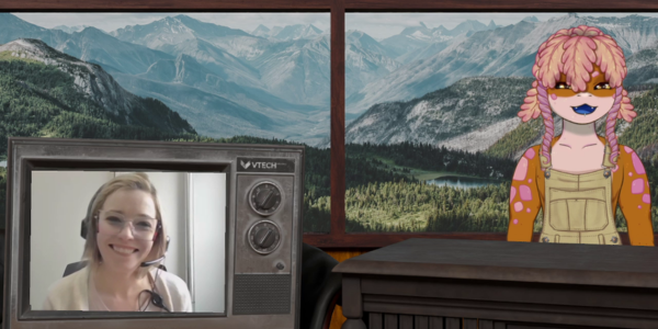 An animated character with beige overalls and light purple/brown hair stands in front of a window with mountains in the background. The character is talking with a women with blonde hair and a white shirt, who appears on the screen of a tv.